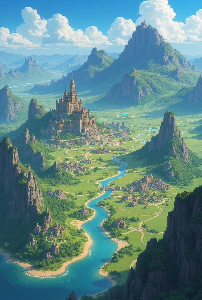 Create a map where you can see a really huge region Where you can see several kingdoms Semi-realistic anime style