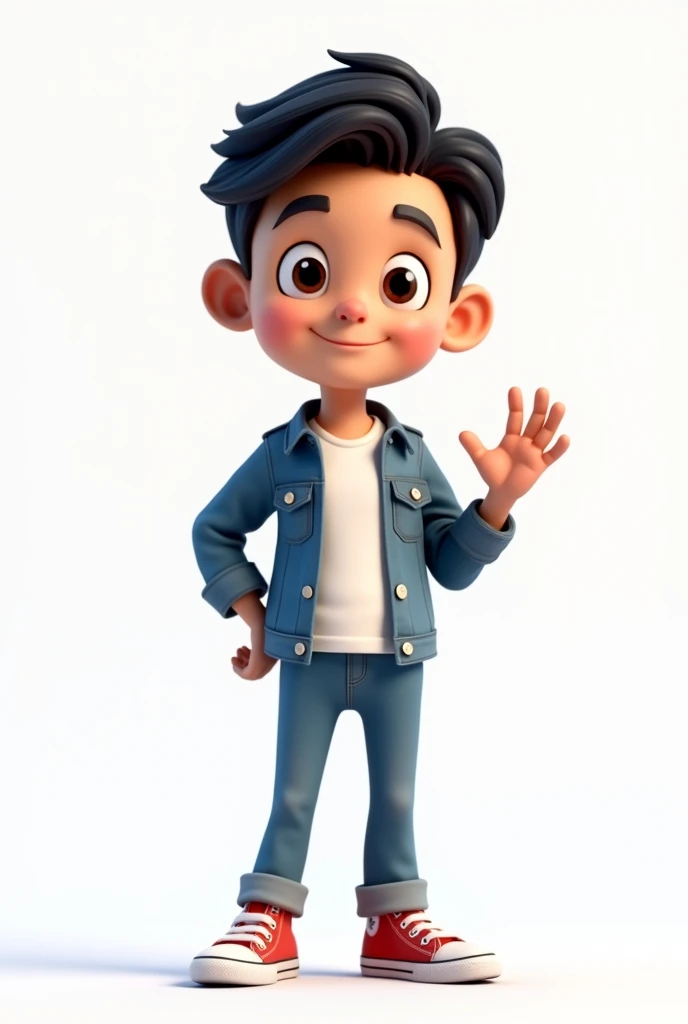 Cartoon 3d, short black hair, short black hair, white t-shirt, denim jacket and jeans, all star sneakers, making an ok sign , white background