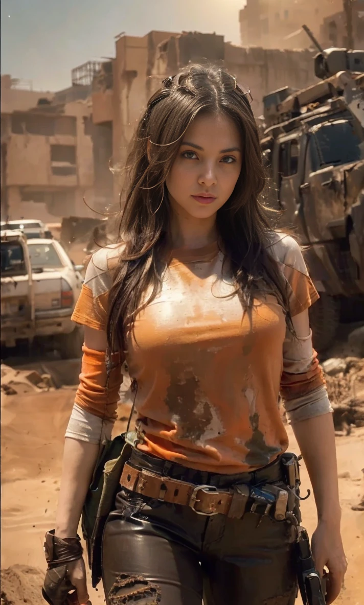 (highly detailed, best quality, high: 1.2), (realistic: 1.37), post-apocalyptic, desert, barren landscape, destroyed city, vehicle wreckage, sandstorm, blazing sunlight, dusty atmosphere, war-torn, tattered clothing , spiked vehicles , dystopian, desolate, futuristic, gloomy, gritty, action packed, soft colors, dirt, dusty, foggy, afternoon sunlight, harsh lighting, (a girl, facial details, curvaceous body, long hair, t-shirt orange, tight-fitting leather pants), soft colors, dirty, dusty, realistic lighting and shadows, high resolution, very detailed, 1 young girl standing in front, a super large tv desktop display screen facing the viewer. cowboy lens, cinematic lighting effects, midday, colt, guns, pistols, tool belts,