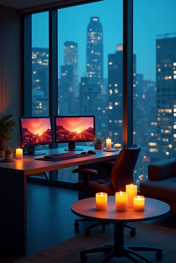 Inside the office, place a sleek, modern desk facing the camera. On the desk, position two computer monitors showing their backs to the window, ensuring they face away from the camera. Add a keyboard and a mouse on the desk, neatly aligned. For added warmth, place lit candles on a coffee table in the room, casting a soft, warm glow that contrasts with the cool city lights outside. The overall ambiance should blend modern technology with cozy, inviting elements. This setup will leave space for adding a character later on.