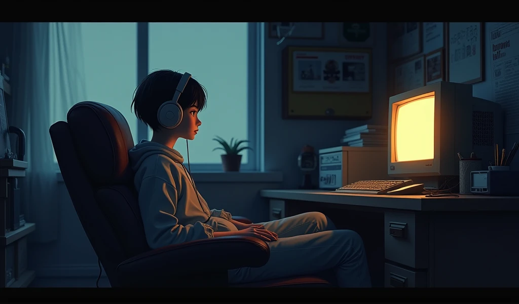 night、Listen to music in a cozy room, Use headphones, 2D Style Anime, Lo-Fi, hard disk, Dark Environment、Desktop PC