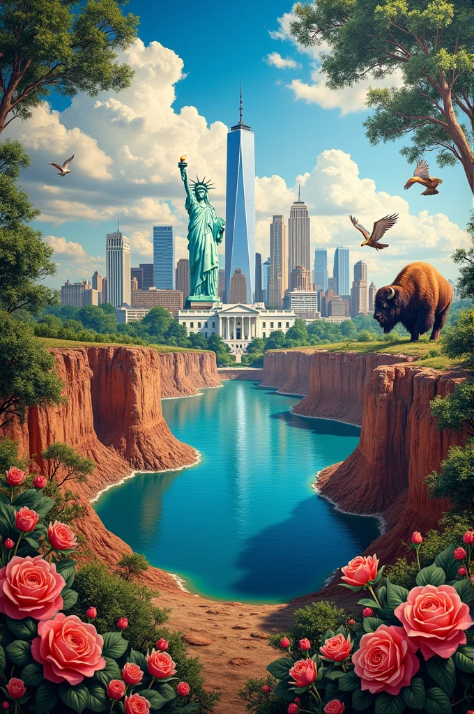 A 2d mural of the United States that has:The statue of Liberty,The White House, el empire state, el one world trade center,The Grand Canyon,yellowstone lake,the bison,the bald eagle,the oaks and the roses