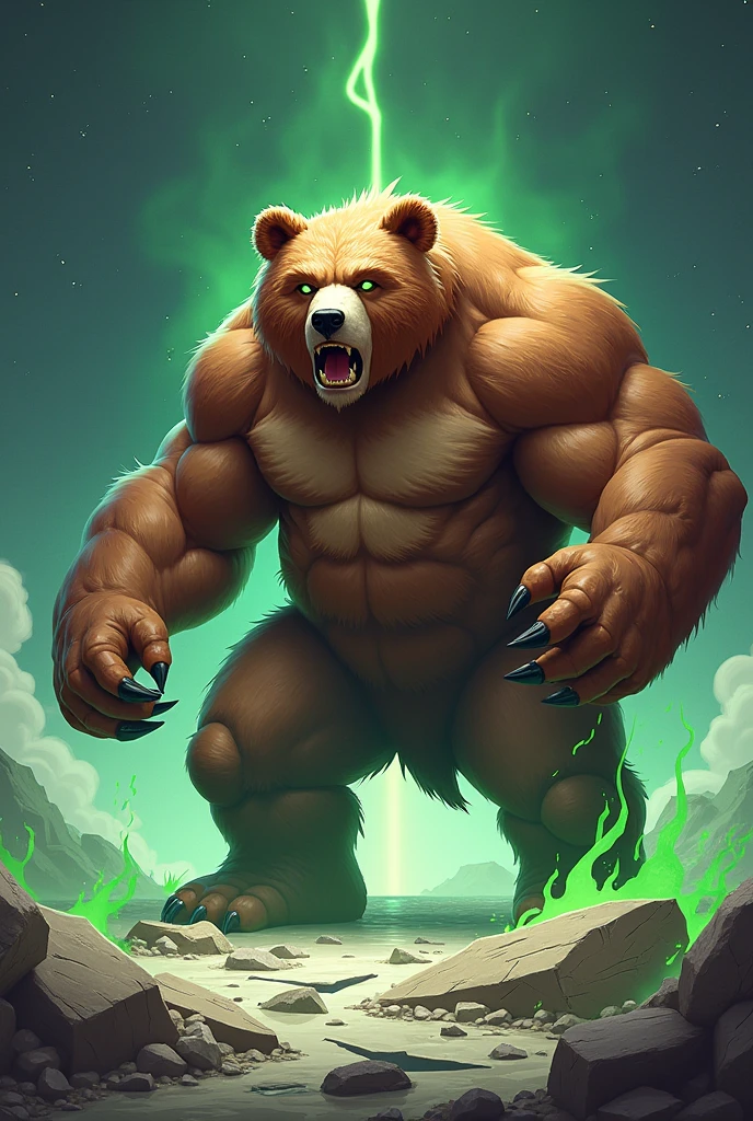 Design a 3D stylized illustration for 'Terron,' a bear-like creature embodying the earth element, in a powerful stomping pose. The art style should reflect the rugged, modern aesthetic of the SOLMON logo, with bold lines and earthy tones. Use a rich color palette with glowing green accents to emphasize Terron's connection to the earth, incorporating cracks and rubble around its feet as it prepares to launch a seismic stomp. The background should feature minimalistic digital earth and cosmic elements, maintaining a clean yet powerful composition that captures both the strength and resilience of the character.