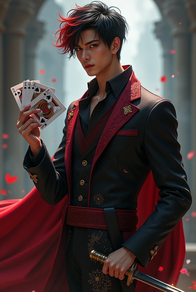 Young man with a sword in his right hand,a deck of cards on the left,red and black suit with hearts and red and black hair