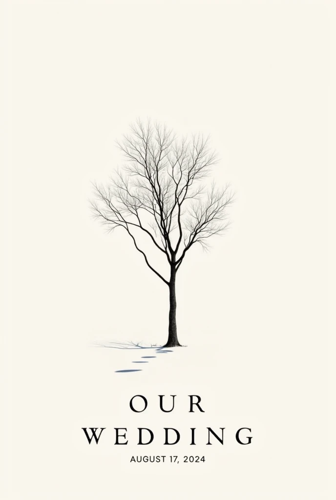 "Create an image of an elegant tree without leaves or flowers with a plain background, Clear. The tree must include the text 'Adriana & Giovanni' highlights at the base of the tree. On the bottom, Add the text 'August 17, 2024'. Add the text 'Our Wedding' in the title, in the header . Add image of two lovers lying on the tree trunk."