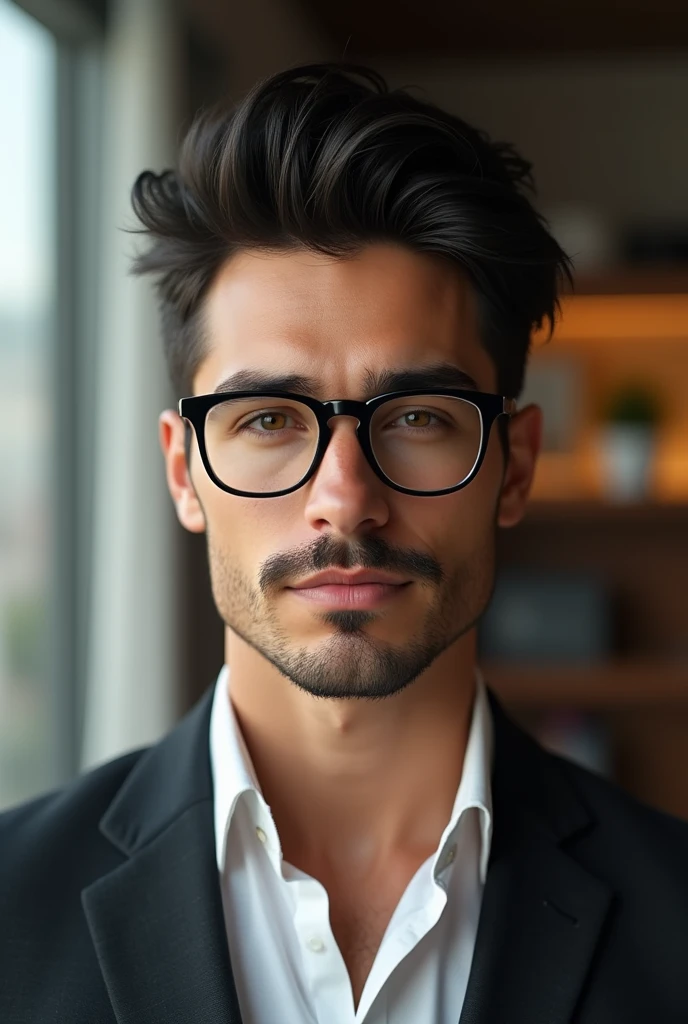 white male,25 years strong, Bblack hair, with glasses and a mustache