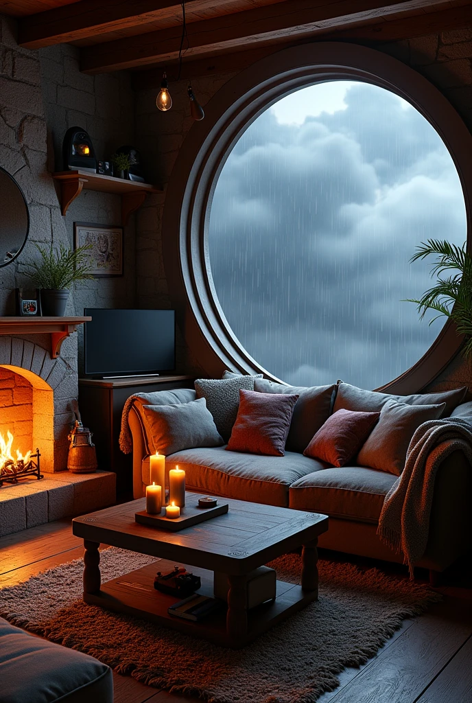 Rustic den room, large window, rainstorm with clouds outside, fireplace, dark couch with pillows, table with candles, electric guitar, speakers, medium tv, blankets, cozy, round window