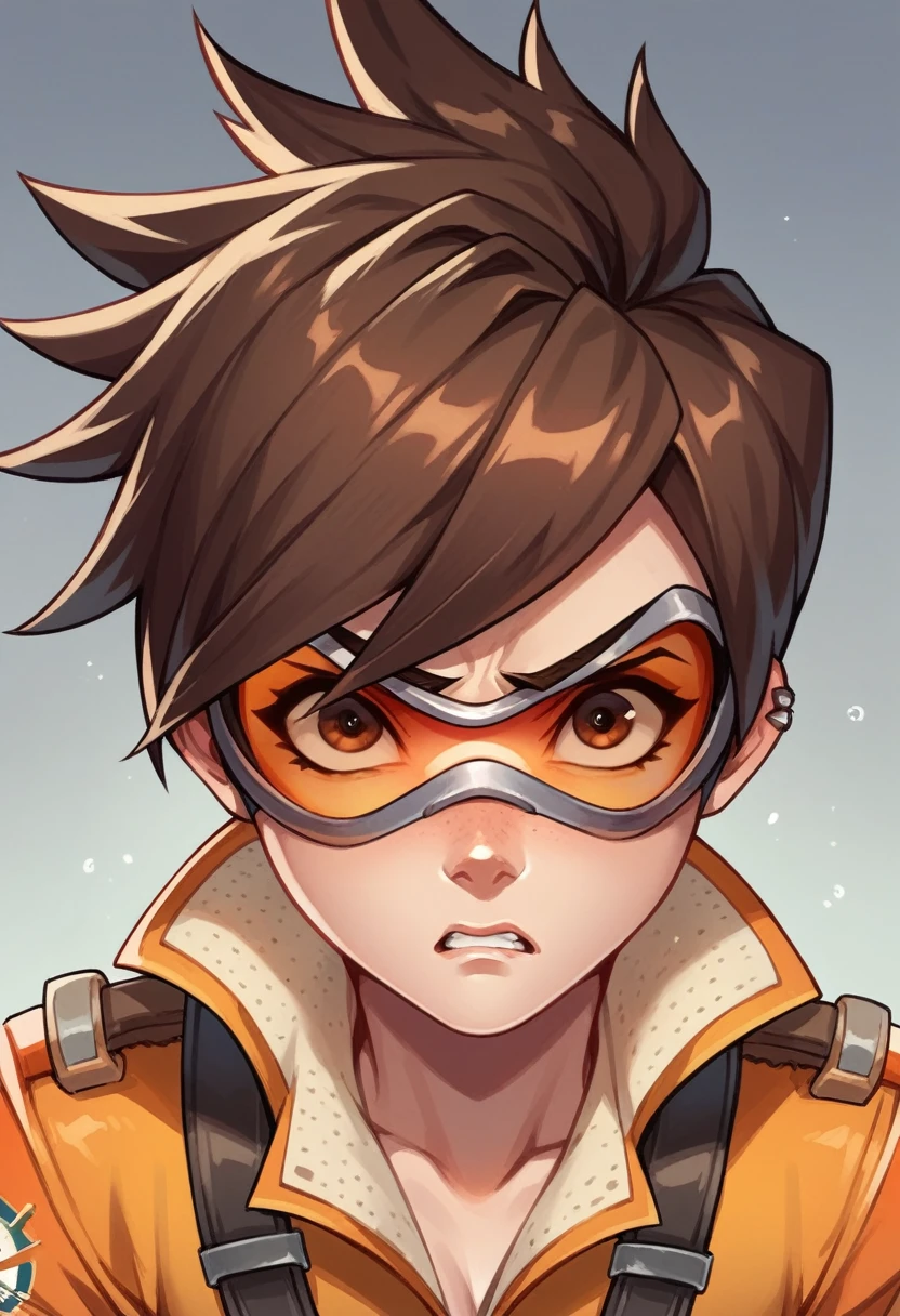 tracer from overwatch,perfect anatomy, perfect face brown hair, brown eyes, short hair,looking angry,orange goggles,orange prison garb
