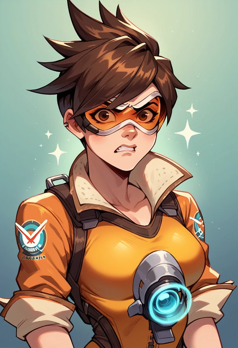 tracer from overwatch,perfect anatomy, perfect face brown hair, brown eyes, short hair,looking angry,orange goggles,orange prison garb
