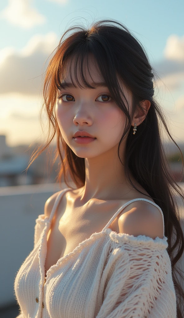 (Solo:1.3)), 1Girl, Best Quality, Realistic, Photorealistic, Best Quality, Masterpiece, Very Delicate and Beautiful, Very Detailed, (Selfie:1.2), Fine Detail, Ultra Detail, High Definition, Very Detailed, Realistic, Ultra High Definition, Best Quality, Ultra High Definition, (Real:1.4), High Quality Texture, Wearing White and Thin Summer Knit, On Rooftop, Bangs, Long Hair , afternoon light, spectacular sky and clouds
