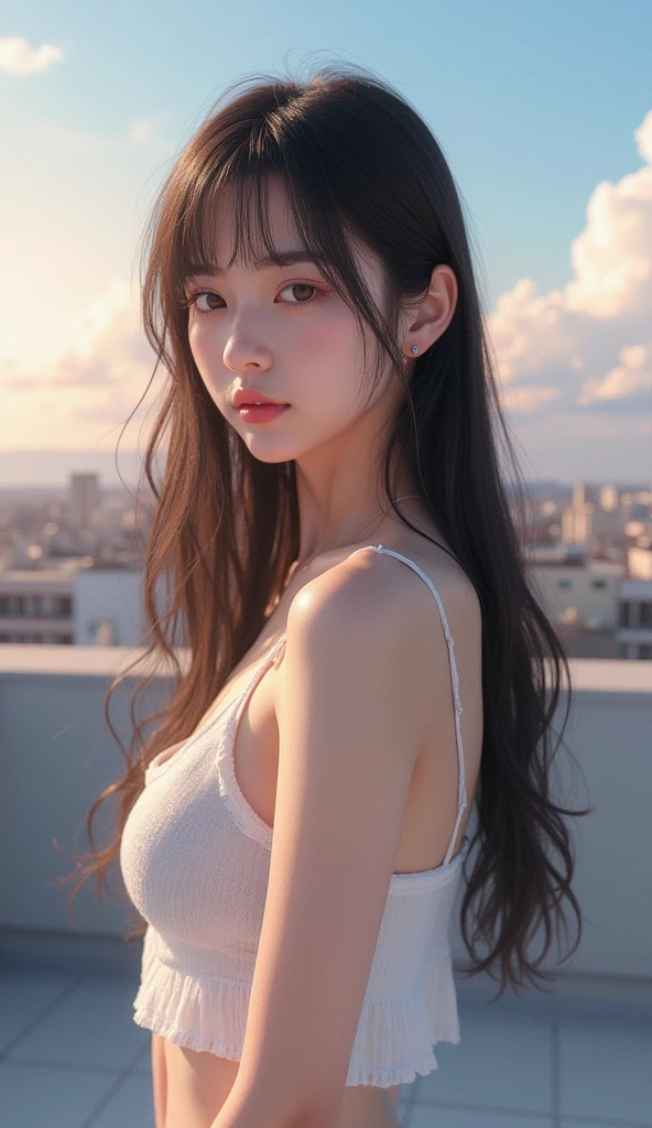 (Solo:1.3)), 1Girl, Best Quality, Realistic, Photorealistic, Best Quality, Masterpiece, Very Delicate and Beautiful, Very Detailed, (Selfie:1.2), Fine Detail, Ultra Detail, High Definition, Very Detailed, Realistic, Ultra High Definition, Best Quality, Ultra High Definition, (Real:1.4), High Quality Texture, Wearing White and Thin Summer Knit, On Rooftop, Bangs, Long Hair , afternoon light, spectacular sky and clouds