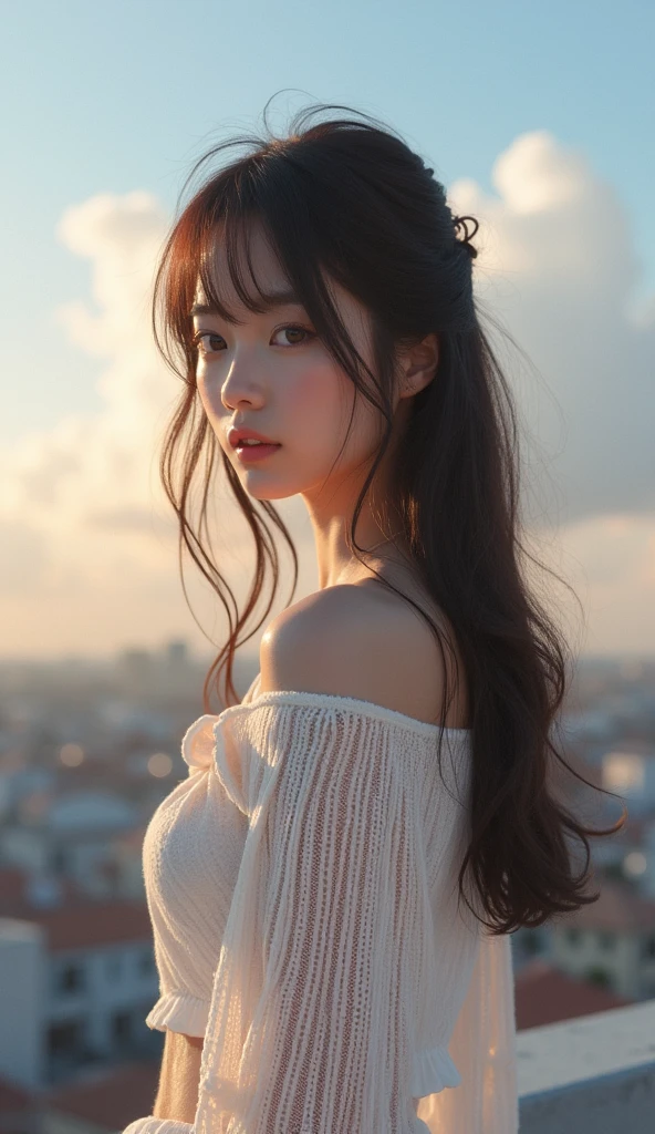 (Solo:1.3)), 1Girl, Best Quality, Realistic, Photorealistic, Best Quality, Masterpiece, Very Delicate and Beautiful, Very Detailed, (Selfie:1.2), Fine Detail, Ultra Detail, High Definition, Very Detailed, Realistic, Ultra High Definition, Best Quality, Ultra High Definition, (Real:1.4), High Quality Texture, Wearing White and Thin Summer Knit, On Rooftop, Bangs, Long Hair , afternoon light, spectacular sky and clouds