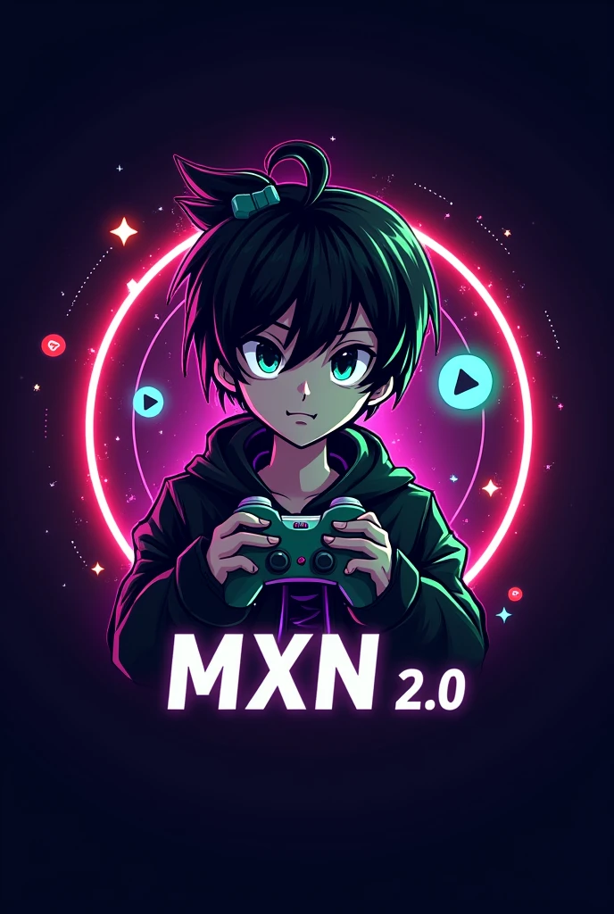 This is a gaming logo that features the name "MXN 2.0" in a futuristic font and a neon purple and neon green and neon red color. and Boy Anime avtar, The logo also has a stylized controller icon and a YouTube play button in the background. The logo is designed to be attractive and eye-catching, and to appeal to gaming enthusiasts and YouTube viewers. I hope you like it.Text must be correct in spelling and must note that font must be futuristic