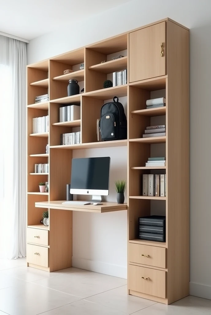 Create a bookshelf design with many partitions measuring 2 meters in length..5M, lebar 4m. There is a partition for storing backpacks., computer desk, laptop and drawers for storing files 