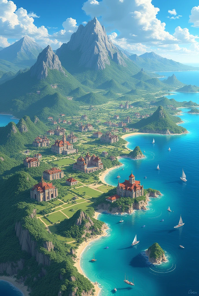 Create a map where you can see a region surrounded by really immense water Where you can see several kingdoms Semi-realistic anime style