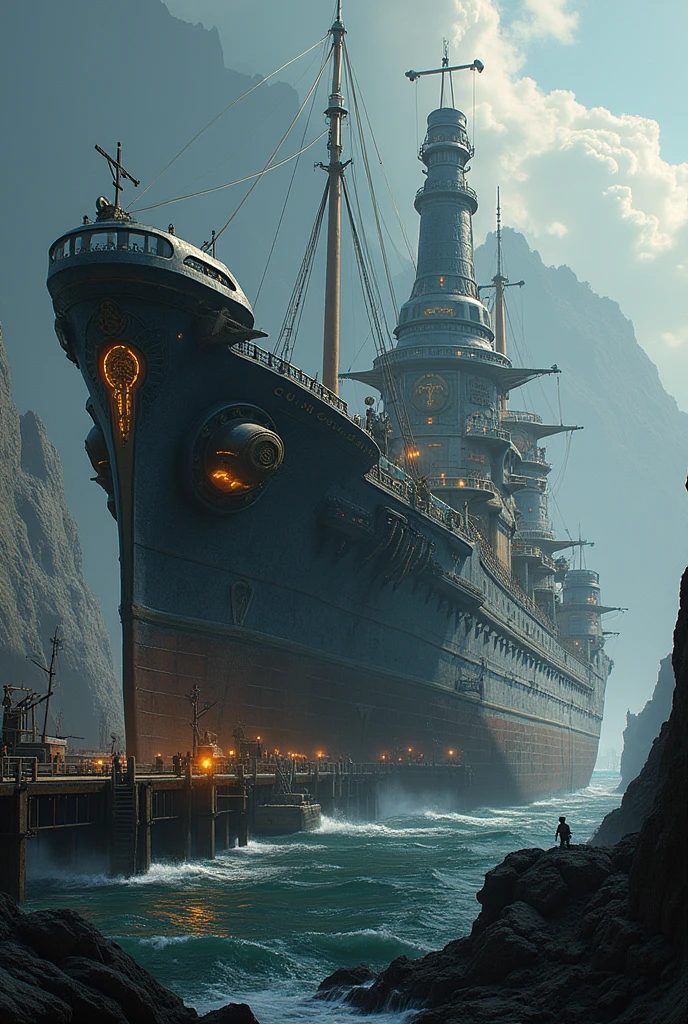 cargo fantasy ship at the docks. viewed from the side