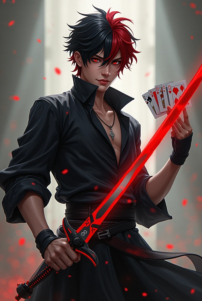 Young man with a sword in his right hand,a deck of cards on the left,red and black suit with hearts and red and black hair