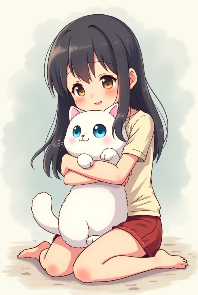 Cute Japanese chibi style drawing of a long-haired Japanese woman hugging a white cat with blue eyes