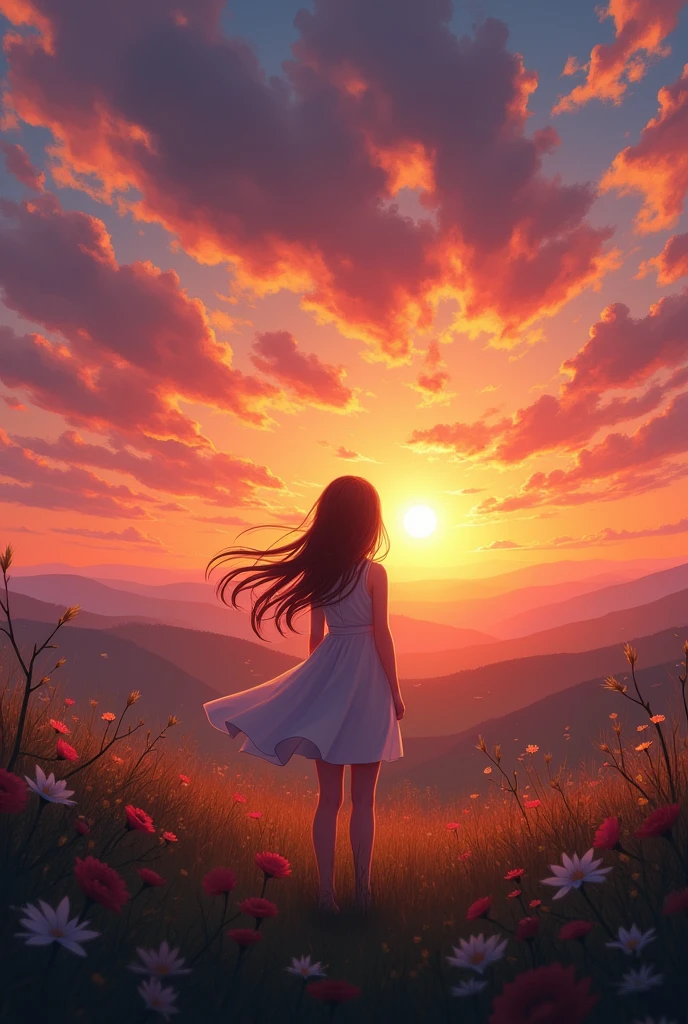 Girl with her back turned looking at sunset
