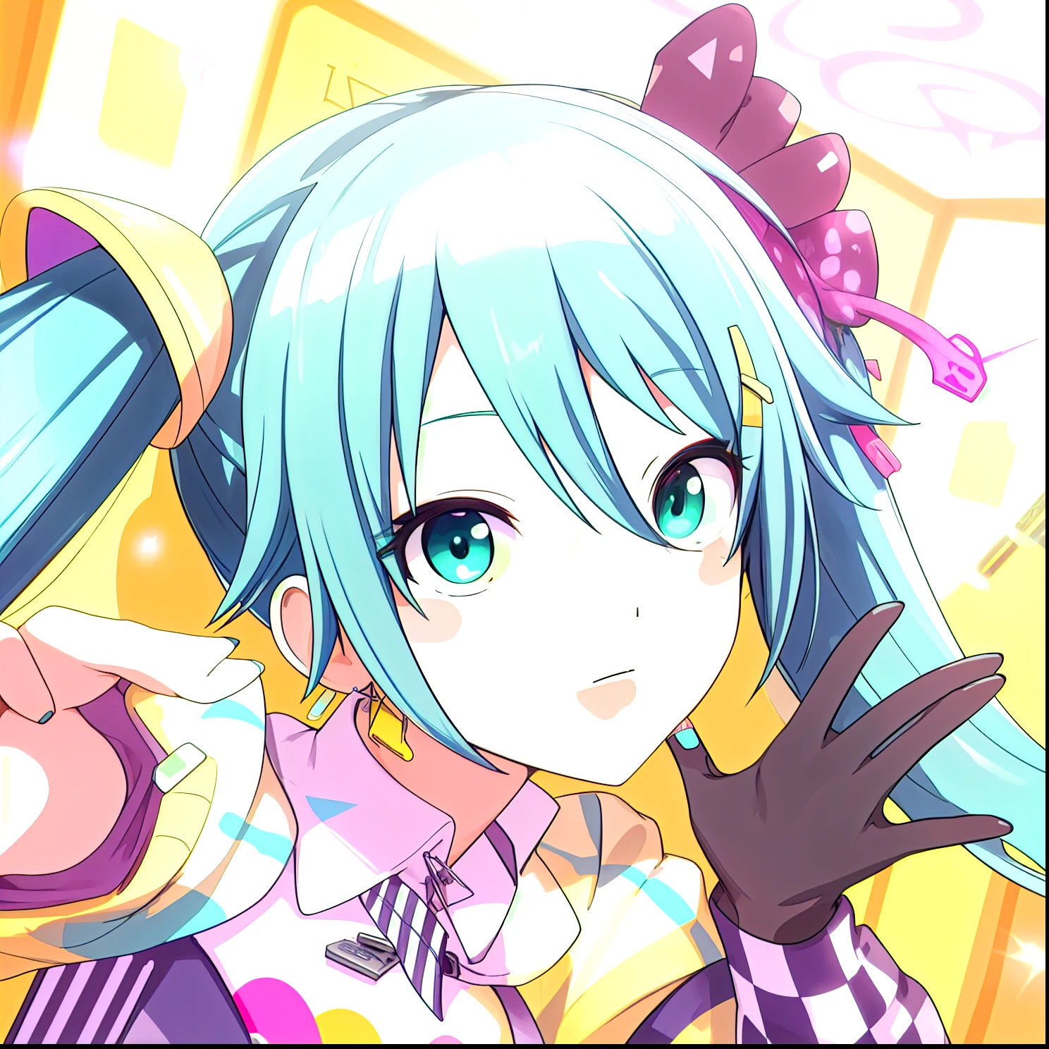 detailed_background,indoors,aqua_hair,holding_phone,hairclip,hair_between_eyes,guitar,beanie,straight-on,looking_at_viewer,eyes_visible_through_hair,electric_guitar,closed_mouth,effects_pedal,headphones,upper_body,hat,hoodie,instrument,solo,aqua_eyes,sticker,hood_down,phone,parental_advisory,nail_polish,smartphone,cellphone,jewelry,1girl,white_headwear,bandaid_on_nose,patch,bandaid_on_face,short_hair,original,bandaid,highres,sidelocks,holding,grey_hoodie,circuit_board,long_sleeves,aqua_nails,necklace,standing,print_hoodie,ring,hair_ornament,yorugata_mao,hood,bandaid_on_cheek