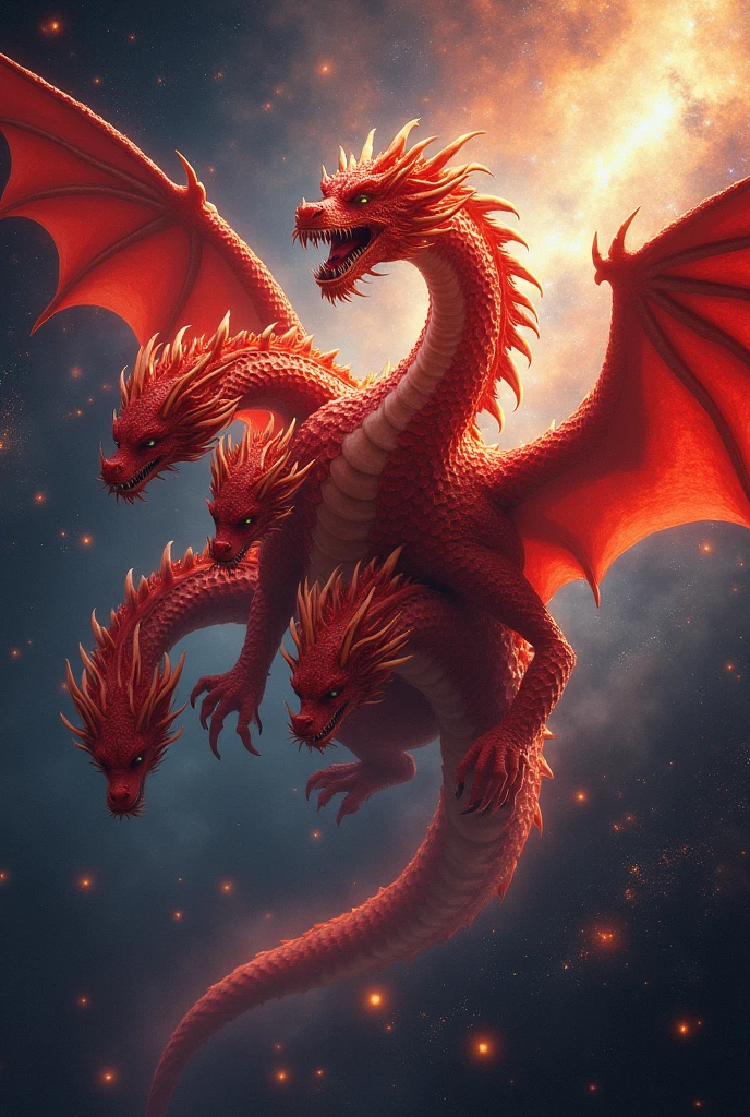 scarlet dragon with 7 heads in space 