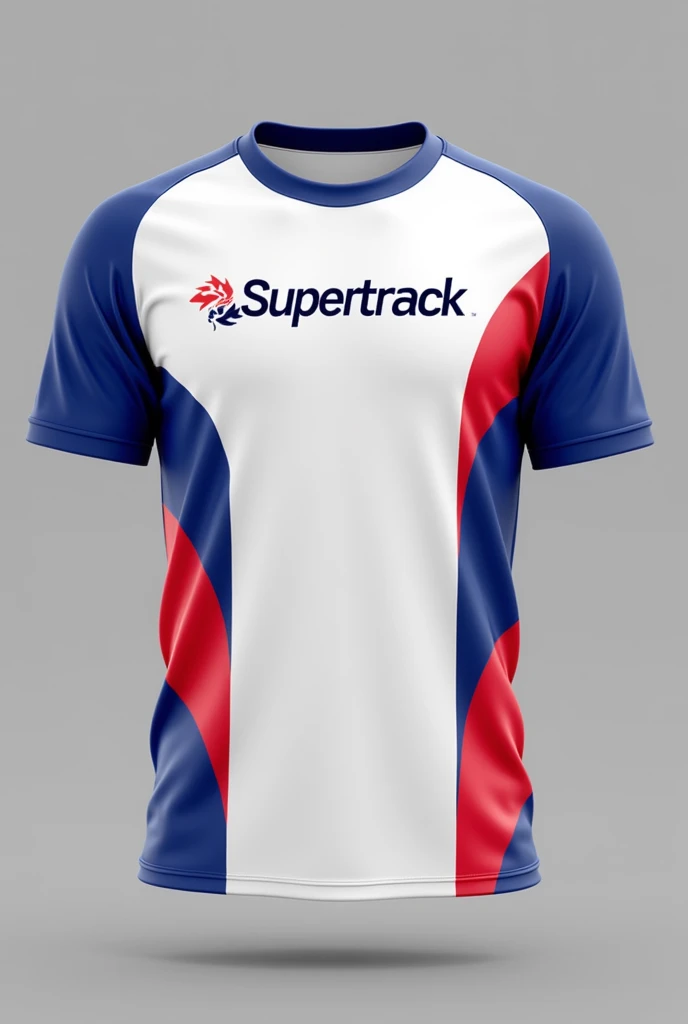 Football shirt with white colors, blue and red, with the Supertrack logo 
