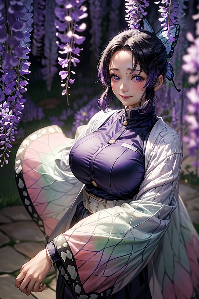 Shinobu Kochou,(masterpiece, Highest quality:1.3), (Super detailed:1.4),(Super detailed顔:1.2),(Super detailed目:1.2), (hyperRealistic:1.3), (RAW Photos:1.2), High-definition RAW color photos, Professional photos, (PhotoRealistic:1.4), (Realistic:1.4),8k,Professional Lighting, Perfect Anatomy, BREAK,(Big Breasts:1.4),(blush:1.2),(Bright smile:1.2),detail, Sharp focus, dramatic,dutch angle,Wisteria field,Japanese garden,Butterfly Hair Ornament, Purple eyes, Multicolored Hair, short hair, Parted bangs, amount, Haori, Wide sleeves, Long sleeve, Black trousers, Black jacket, White belt,(sexy pose:1.3)