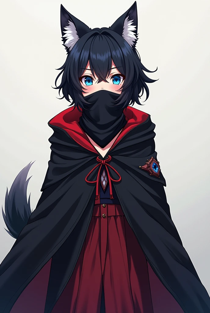 ((masterpiece, Anime)) Wolf girl, 24 years, wolf's tail, female, Short black hair with white tips, handsome, slender, dark priest with balck and red cloack, blue eyes, cultist, solo, one character, Long clothes. Black bandana covering the mouth in colors that match the outfit.
