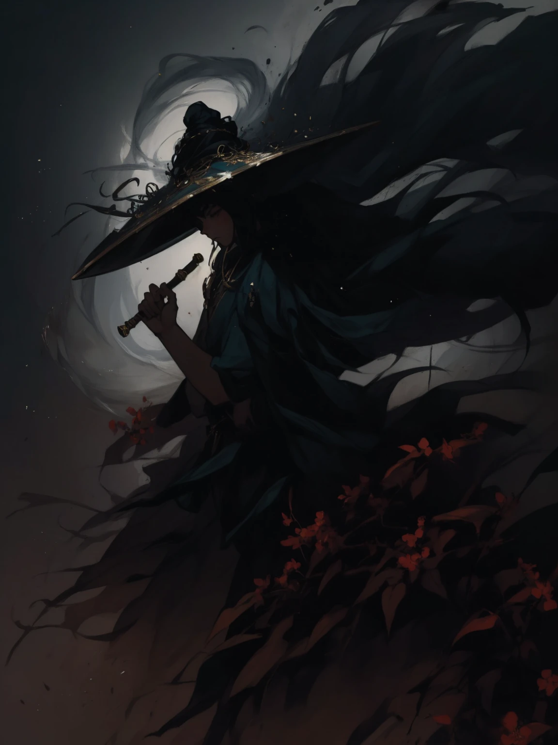 Painting, a Chinese warrior with his holding a sword, swirling cyclone, bamboo hat, super wide-angle lens, colorful arrangements, shige's visual aesthetic style, made of flowers, claire-obscure lighting, dark orange and teal, i can't believe how beautiful this is, in the style of zhang jingna, photomontage, hirohiko araki, oriental, sergio toppi, theatrical, feminine sensibilities
