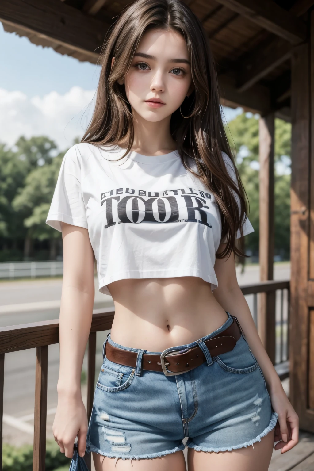 Beautiful 18 year old brunette girl wearing a t-shirt and high waisted denim shorts with a belt showing her T-shaped belly button