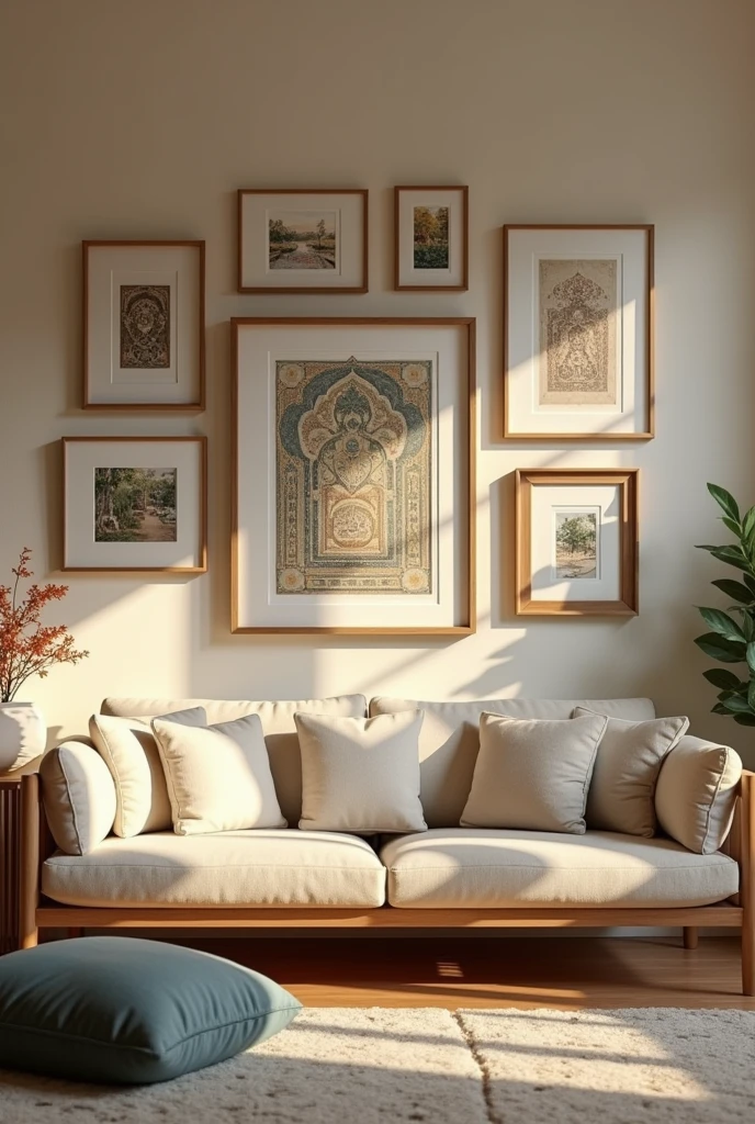 Hang four to six photo frames in a room and create a photo frame with Islamic images.