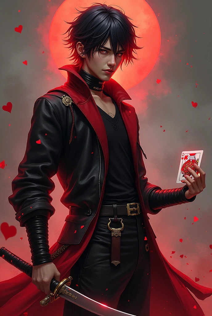Young man with a sword in his right hand,a deck of cards on the left,red and black suit with hearts and red and black hair