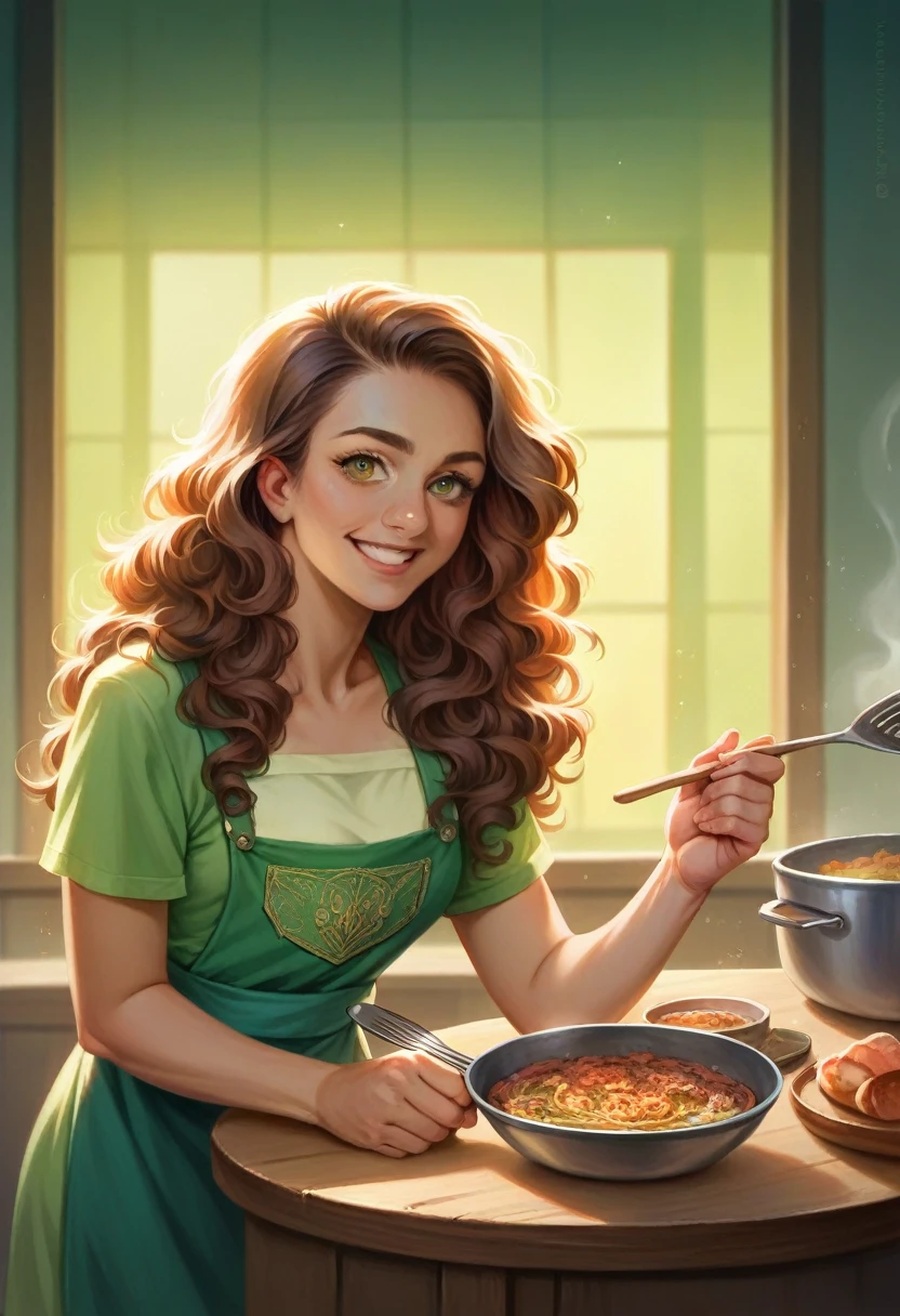 a beautiful 30 year old brazilian woman with curly hair,warm smile,cooking traditional brazilian dishes,fresh ingredients on table,natural lighting,photorealistic,detailed portrait,intricate details,vibrant colors,cinematic lighting,award winning photograph