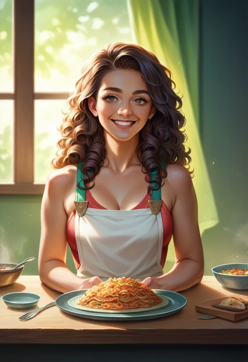 a beautiful 30 year old brazilian woman with curly hair,warm smile,cooking traditional brazilian dishes,fresh ingredients on table,natural lighting,photorealistic,detailed portrait,intricate details,vibrant colors,cinematic lighting,award winning photograph