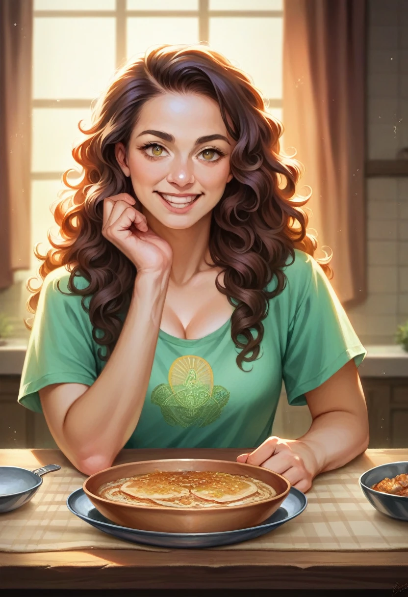 a beautiful 30 year old brazilian woman with curly hair,warm smile,cooking traditional brazilian dishes,fresh ingredients on table,natural lighting,photorealistic,detailed portrait,intricate details,vibrant colors,cinematic lighting,award winning photograph