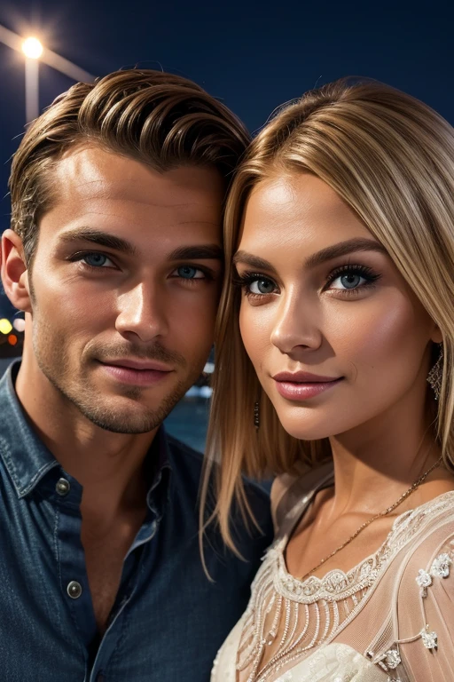 2 person date boat at night. Lovely couple. slim blonde woman wearing nh with rhinestones and lace. The man wears shirt and pants . He has brown hair. Both look forward into camera photorealistic details. Looking at camera close-up