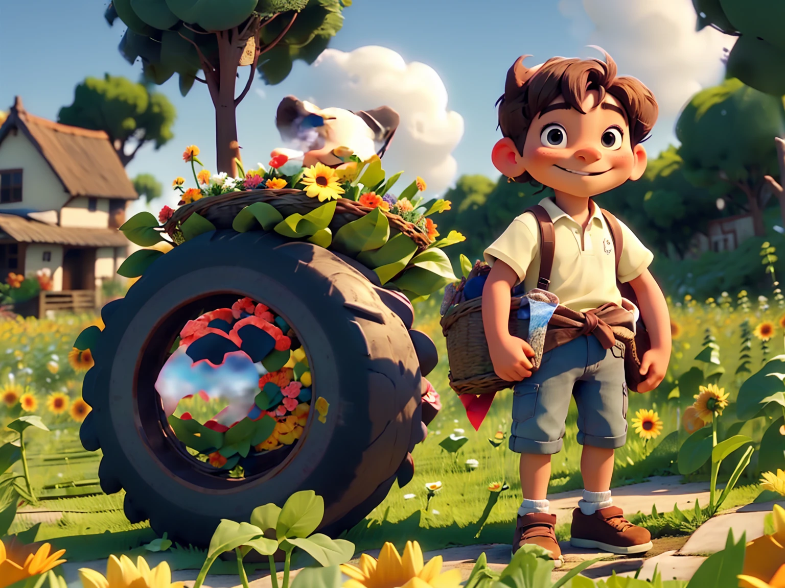 A cute standing in a sunflower field,A smile on his face,Carrying a basket full of flowers,sunny