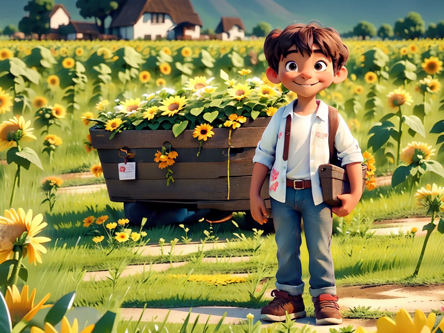 A cute standing in a sunflower field,A smile on his face,Carrying a basket full of flowers,sunny
