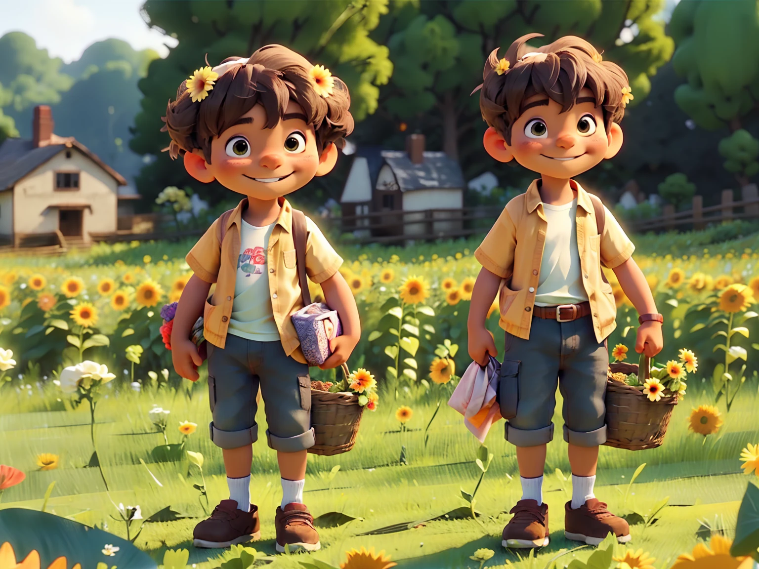 A cute standing in a sunflower field,A smile on his face,Carrying a basket full of flowers,sunny