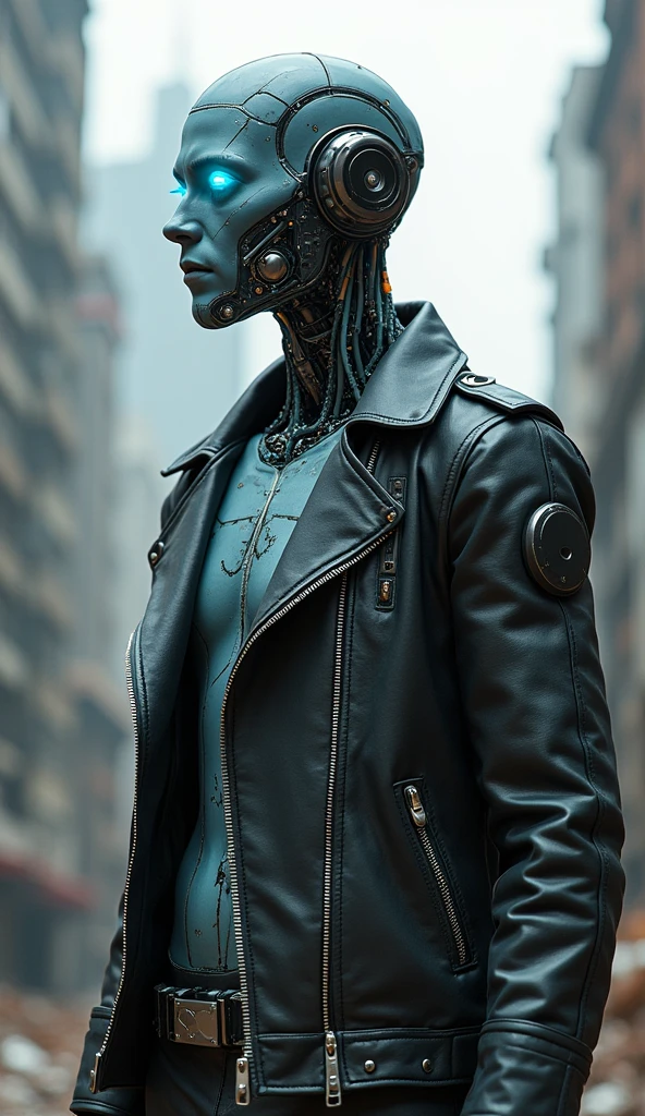 A person with mechanized body parts in the cyberpunk style stands out. His transparent skin reveals circuits and cables, while his eyes glow with colored LEDs. The limbs are a mixture of flesh and metal, with advanced prosthetics and cybernetic interfaces. Wearing a black leather jacket, the figure is set in a dystopian urban setting with decaying skyscrapers. The image represents the fusion between the human and the mechanical in the futuristic world of cyberpunk