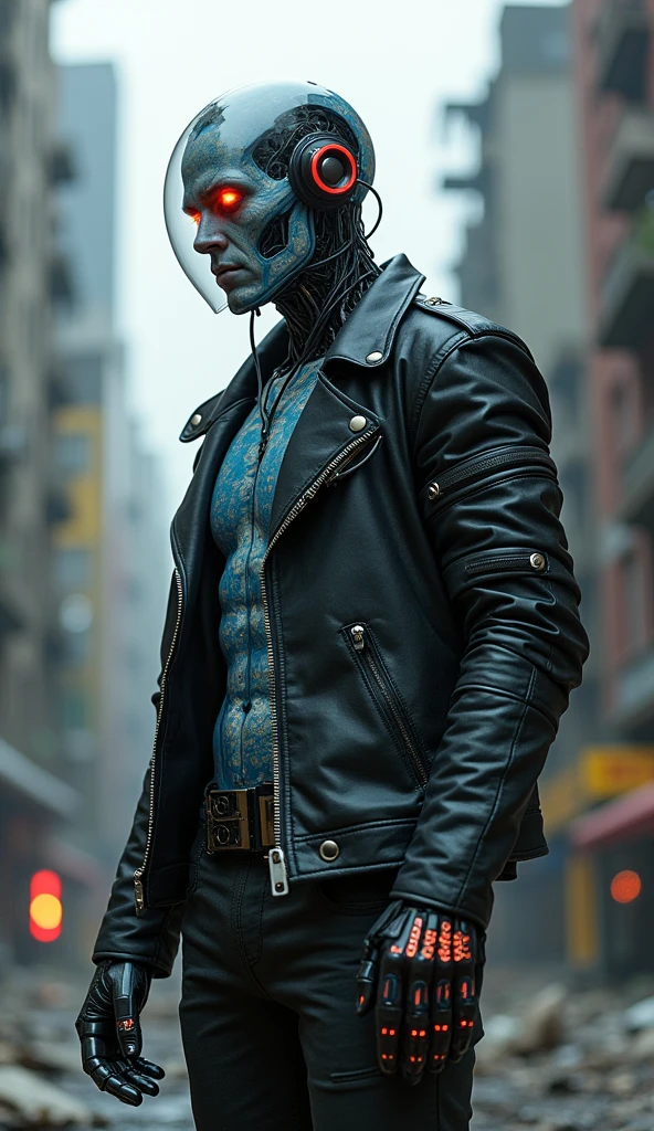 A person with mechanized body parts in the cyberpunk style stands out. His transparent skin reveals circuits and cables, while his eyes glow with colored LEDs. The limbs are a mixture of flesh and metal, with advanced prosthetics and cybernetic interfaces. Wearing a black leather jacket, the figure is set in a dystopian urban setting with decaying skyscrapers. The image represents the fusion between the human and the mechanical in the futuristic world of cyberpunk