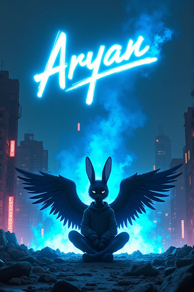 A realistic 18 year old boy sitting in broken cityscape under a dark, starless sky. Neon-blue lights flicker, casting an eerie glow. The name ‘Aryan’ blazes in brilliant blue fire above. In the foreground, a black bunny, fierce and focused, sits holding a glowing blue fire katana. The biggest blue flame envelops them, illuminating the scene.” add a wing behind him