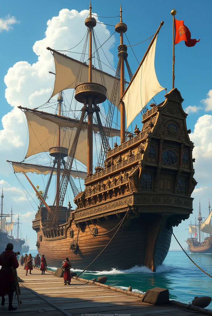 cargo medieval wooden fantasy ship at the docks. viewed from the side