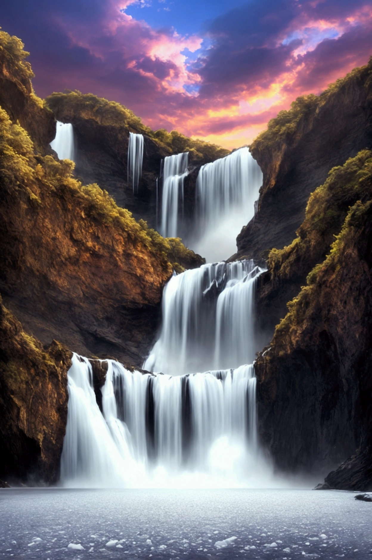 realistic photo for bg presentation , surreal landscape ,ice mountain and waterfalls with a fantasy clouds in the sky , day light. and floor is water mirrow , epic , fantasy , Bokeh , glowing, super detailed, hyper realistic, bright lights, 8k, Color tone white20%,Navyblue10%,Pink50%,purple10%,beige5%,yellow5%