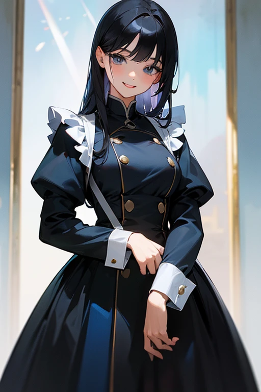 (Highest Resolution, clear_image) Highest quality, Single, One Woman, alone, masterpiece, Very detailed, Semi-realistic, Black Hairのショートヘア, Black Hair, bangs, 18-year-old, mature, light blue uniform, uniform, Indoor Background, kind, Authoritative, Powerful, exquisite features, exquisite features、Eyelashes become longer、Showing teeth、smile😀、Maid clothes、Touching hair、Shoulder Bare、