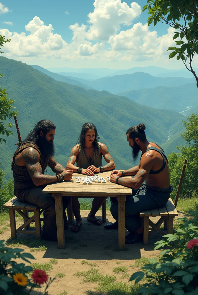 guts the berserk, Thorfinn from Vinland Saga and Musashi Miyamoto from Vagabond playing Domino on a hill in Venezuela, Guts sitting, Thorfinn sitting and Musashi sitting at a table to play Dominoes 