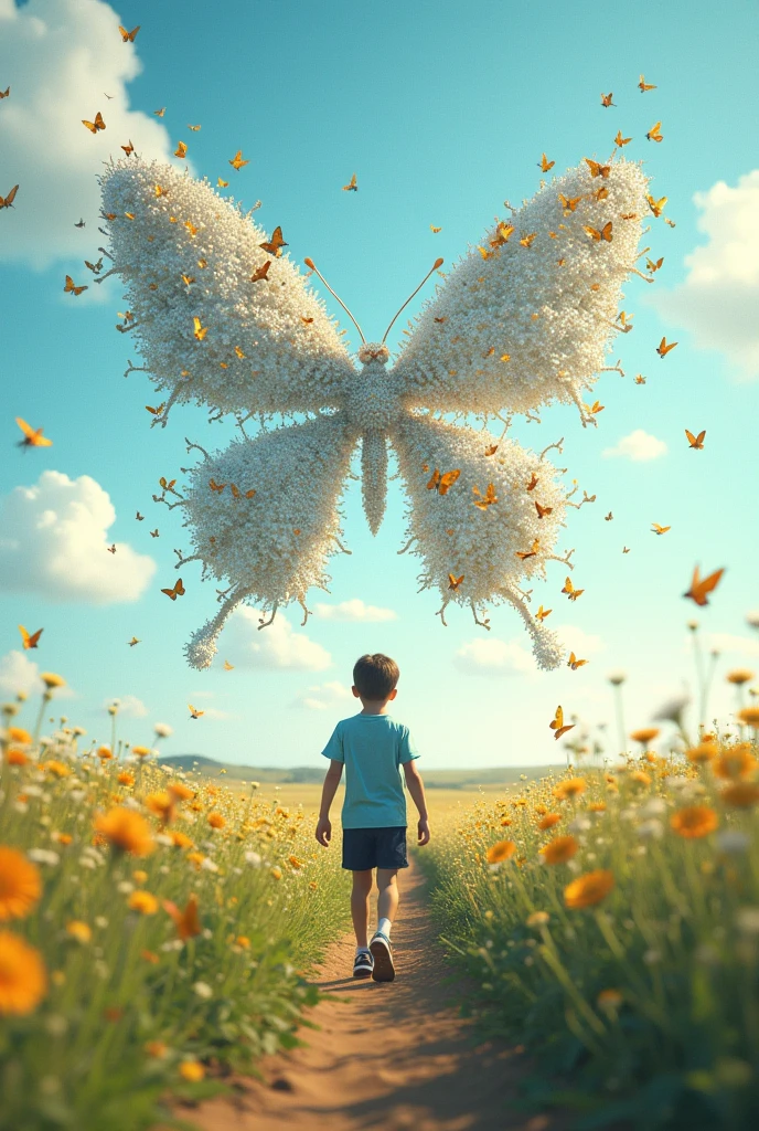 Create a young boy leaving the gym and walking through a large field with his back turned, seeing in the distance many small butterflies joining together and forming a large giant butterfly.