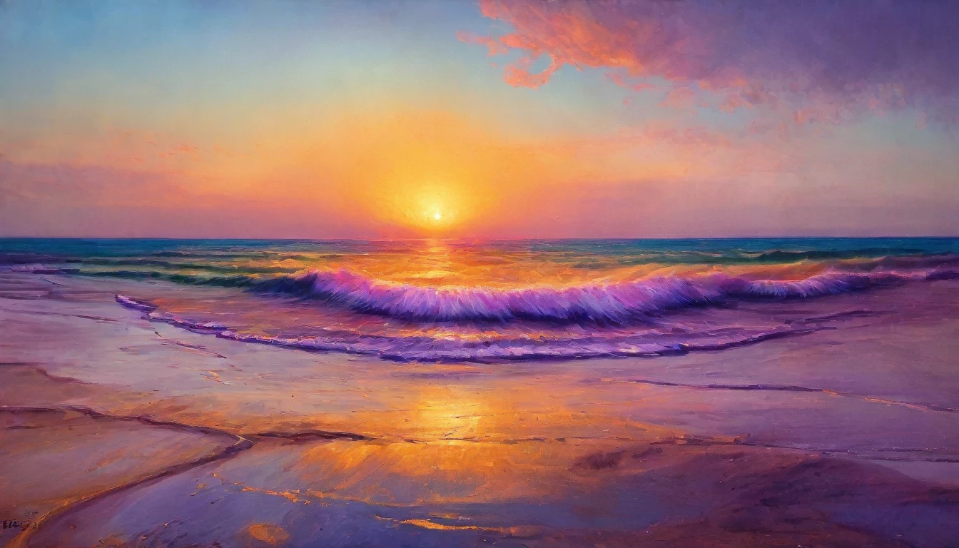 (best quality, masterpiece:1.2), A painting of an ocean in a beautiful sunset, golden, pink and purple hues, exquisite, painterly, realistic painting, light painting, beautiful, breathtaking