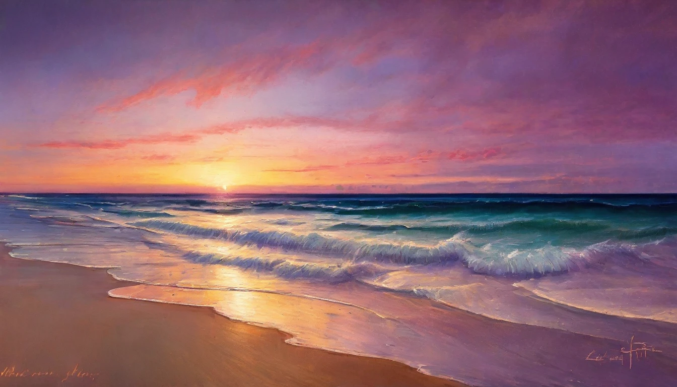 (best quality, masterpiece:1.2), A painting of an ocean in a beautiful sunset, golden, pink and purple hues, exquisite, painterly, realistic painting, light painting, beautiful, breathtaking