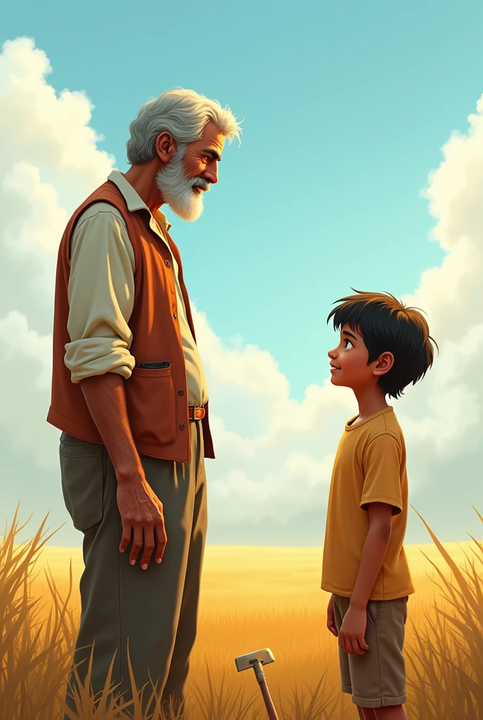 Illustrate a poor farmer standing in his field, deeply impressed by the enthusiasm and faith of a young boy named Ravi. The farmer, with a thoughtful and kind expression, speaks to Ravi, telling him about an old piece of land he owns but has never visited. He suggests that if Ravi's faith in Krishna is true, he should go explore the land, hinting that something new might be found there. Ravi listens attentively, his face filled with hope and determination. The background shows the vast field, with the farmer’s simple tools nearby, and the sky is open and expansive, reflecting the possibility of discovery.